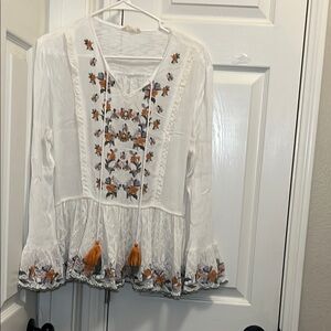 HUMMING BIRD Embroidered White and Orange Women's Top size L